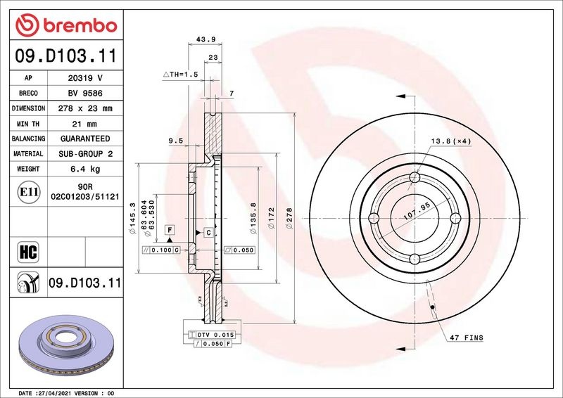 BREMBO Brake disc PRIME LINE - UV Coated internally vented 09.D103.11 Brake rotor,Brake discs FORD,Fiesta Mk7 Schrägheck