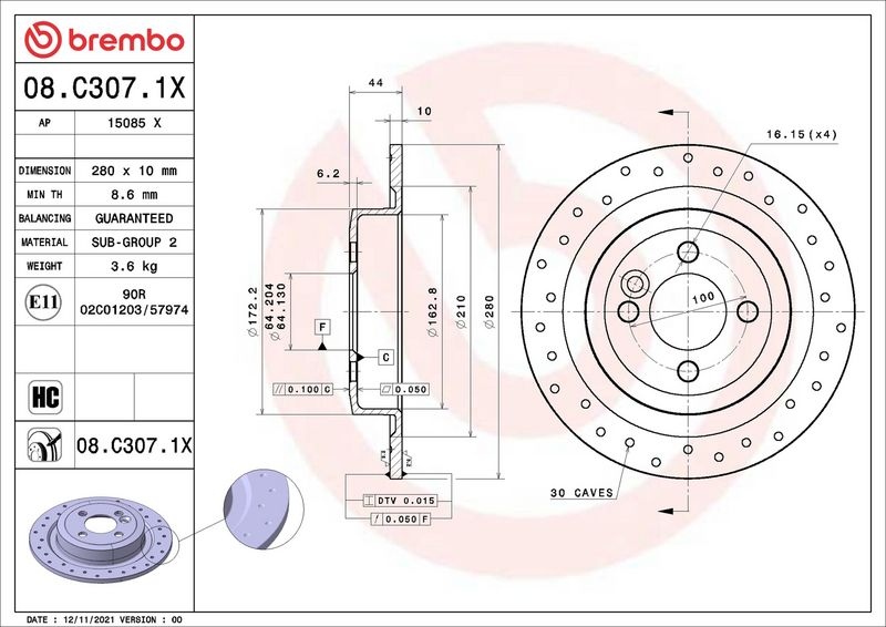 BREMBO Brake disc XTRA LINE - Xtra Perforated 08.C307.1X Brake rotor,Brake discs MINI,Schrägheck (R56),Clubman (R55),Cabrio (R57),Roadster (R59)