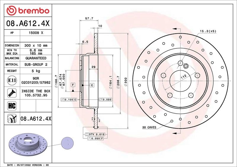 BREMBO Brake disc MERCEDES-BENZ 08.A612.4X 2044230612,2044230912,2044231512 Brake rotor,Brake discs,Brake rotors A2044230612,A2044230912,A2044231512