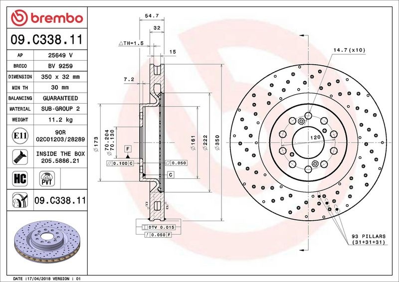 BREMBO Brake disc perforated/vented 09.C338.11 Brake rotor,Brake discs HONDA,CIVIC IX (FK),CIVIC X Schrägheck (FC_, FK)