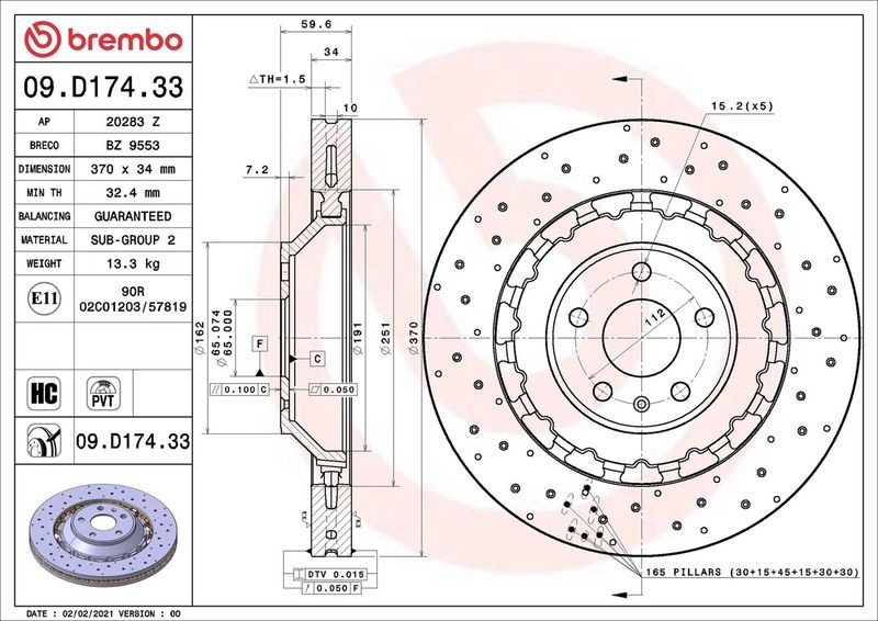 BREMBO Brake disc PRIME LINE - Dual Cast perforated/vented 09.D174.33 Brake rotor,Brake discs AUDI,A3 Sportback (8VA, 8VF),A3 Limousine (8VS, 8VM)