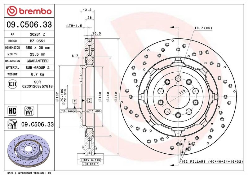 BREMBO Brake disc PRIME LINE - Dual Cast perforated/vented 09.C506.33 Brake rotor,Brake discs ALFA ROMEO,GIULIA (952_),Stelvio (949_)