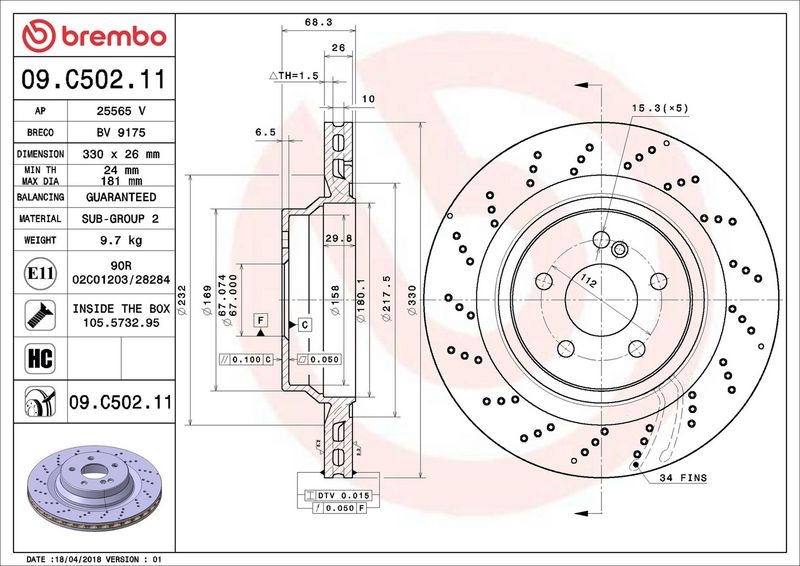BREMBO Brake disc perforated/vented 09.C502.11 Brake rotor,Brake discs MERCEDES-BENZ,E-Klasse Limousine (W211),E-Klasse T-modell (S211),CLS (C219)