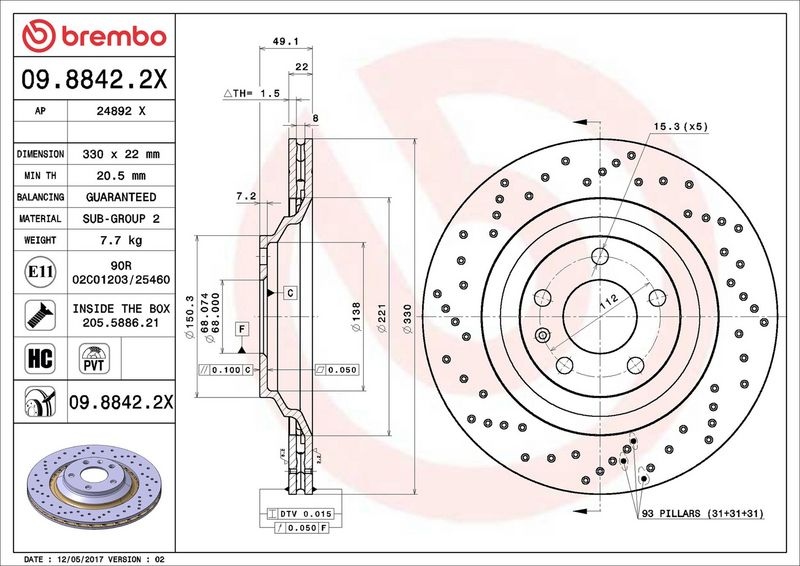 BREMBO Brake disc perforated/vented 09.8842.2X Brake rotor,Brake discs AUDI,A6 Avant (4F5, C6),A6 Limousine (4F2, C6)
