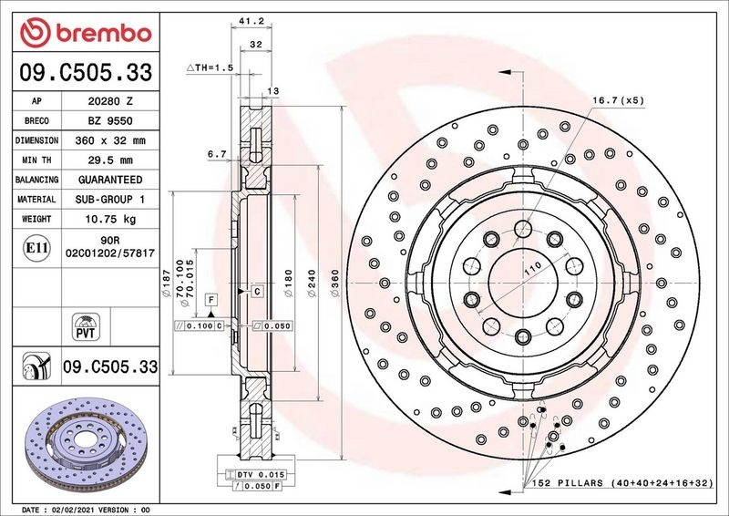 BREMBO Brake disc PRIME LINE - Dual Cast perforated/vented 09.C505.33 Brake rotor,Brake discs ALFA ROMEO,GIULIA (952_),Stelvio (949_)