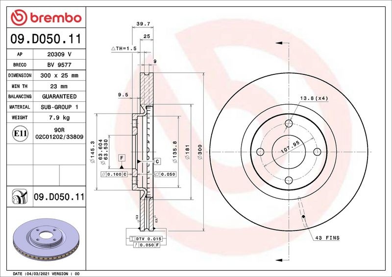 BREMBO Brake disc PRIME LINE - UV Coated internally vented 09.D050.11 Brake rotor,Brake discs FORD,ECOSPORT