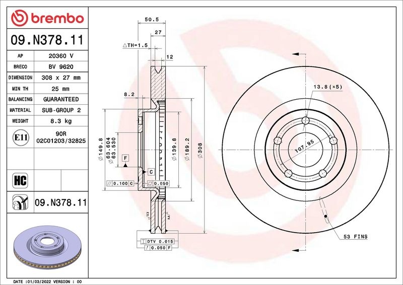 BREMBO Brake disc PRIME LINE - UV Coated internally vented 09.N378.11 Brake rotor,Brake discs FORD,Focus Mk4 Turnier (HP),Kuga Mk3