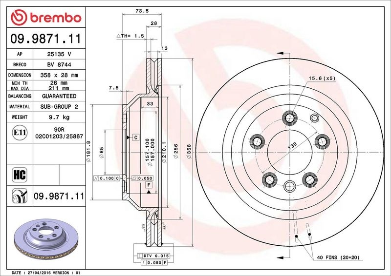 BREMBO Brake disc VW,AUDI,PORSCHE 09.9871.11 7L8615601,7L8615601A,7L8615601D Brake rotor,Brake discs,Brake rotors 7L8615601E,95535240150,95535240151