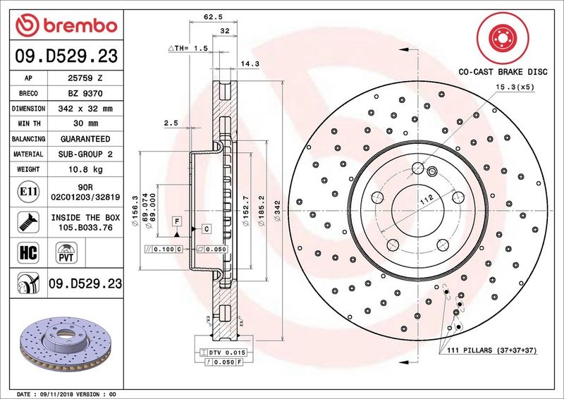 BREMBO Brake disc PRIME LINE - Co-Cast two-part brake disc 09.D529.23 Brake rotor,Brake discs MERCEDES-BENZ,C-Klasse T-modell (S205)