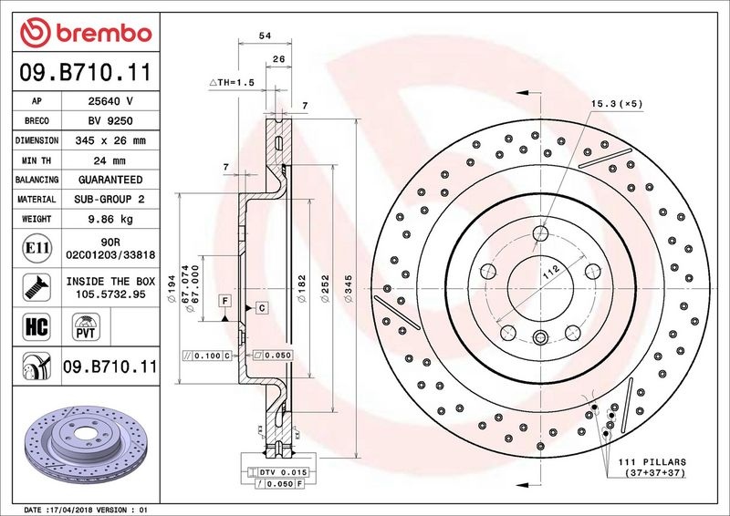 BREMBO Brake disc PRIME LINE - UV Coated slotted/perforated 09.B710.11 Brake rotor,Brake discs MERCEDES-BENZ,M-Klasse (W166),GLE (W166)