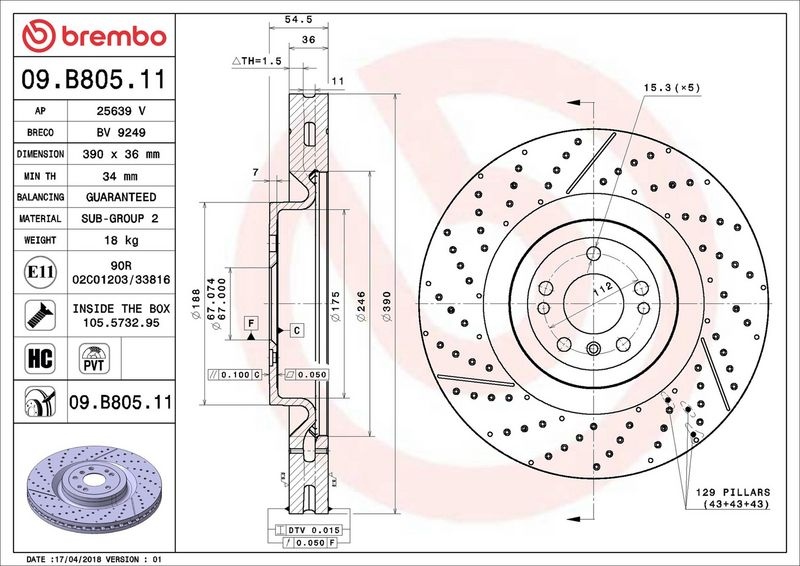 BREMBO Brake disc PRIME LINE - UV Coated slotted/perforated 09.B805.11 Brake rotor,Brake discs MERCEDES-BENZ,M-Klasse (W166),GLE (W166)