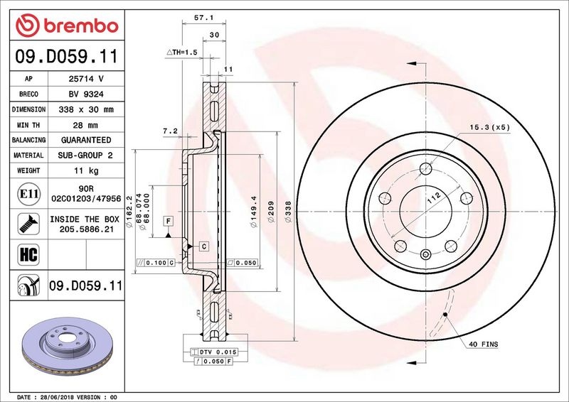 BREMBO Brake disc PRIME LINE - UV Coated internally vented 09.D059.11 Brake rotor,Brake discs AUDI,A4 B9 Avant (8W5, 8WD),A5 Sportback (F5A),Q5 (FYB)
