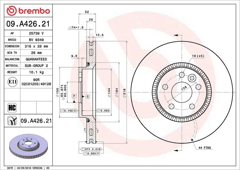 BREMBO Brake disc PRIME LINE - UV Coated internally vented 09.A426.21 Brake rotor,Brake discs VOLVO,V70 III (135),V60 (155, 157),S60 II (134)