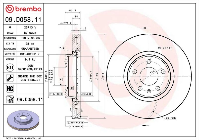 BREMBO Brake disc PRIME LINE - UV Coated internally vented 09.D058.11 Brake rotor,Brake discs VW,AUDI,Polo Classic (6V2),A4 B9 Avant (8W5, 8WD)