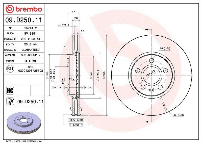 BREMBO Brake disc PRIME LINE - UV Coated internally vented 09.D250.11 Brake rotor,Brake discs VOLVO,V90 II Kombi (235, 236),V60 II (225, 227)