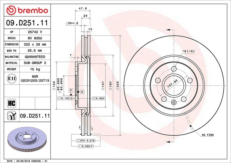 BREMBO Brake disc PRIME LINE - UV Coated internally vented 09.D251.11 Brake rotor,Brake discs VOLVO,XC60 II (246),XC40 (536),V90 II Kombi (235, 236)
