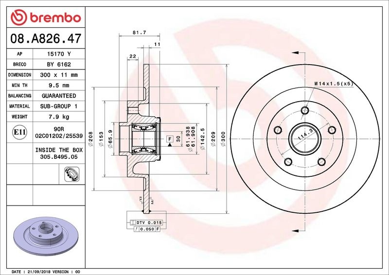 BREMBO Brake disc PRIME LINE - With Bearing Kit solid 08.A826.47 Brake rotor,Brake discs RENAULT,LAGUNA III Grandtour (KT0/1),LAGUNA III (BT0/1)