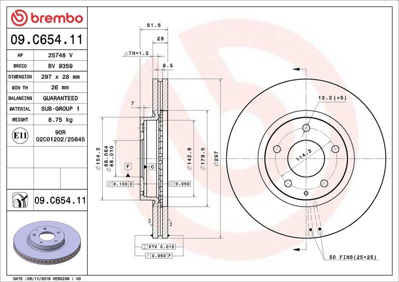 BREMBO Brake disc MAZDA 09.C654.11 GHP933251,GHP933251A,GHR133251 Brake rotor,Brake discs,Brake rotors GHR133251A,K01133251A,K01133251B,KR1233251A