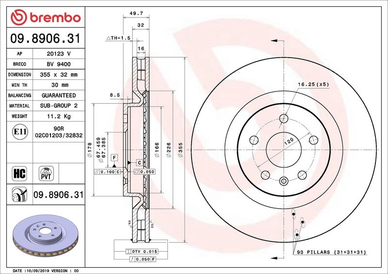 BREMBO Brake disc PRIME LINE - UV Coated internally vented 09.8906.31 Brake rotor,Brake discs CHEVROLET,CAMARO GMX511,CAMARO Convertible GMX511