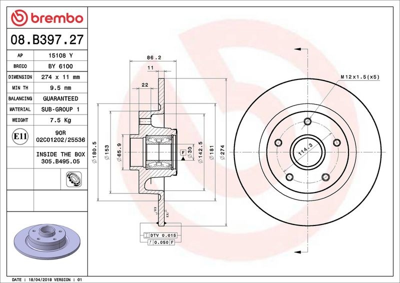 BREMBO Brake disc PRIME LINE - With Bearing Kit solid 08.B397.27 Brake rotor,Brake discs RENAULT,Scénic III (JZ0/1_),GRAND SCÉNIC III (JZ0/1_)
