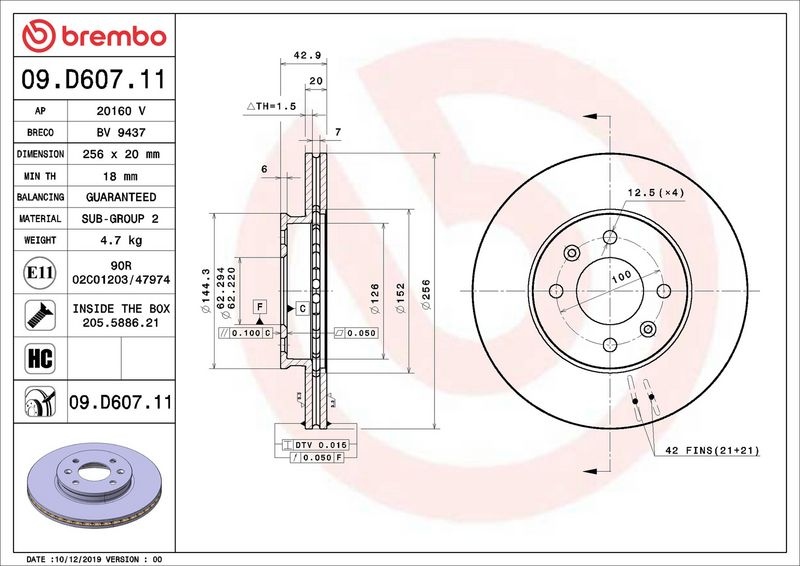 BREMBO Brake disc PRIME LINE - UV Coated internally vented 09.D607.11 Brake rotor,Brake discs KIA,PICANTO (JA)