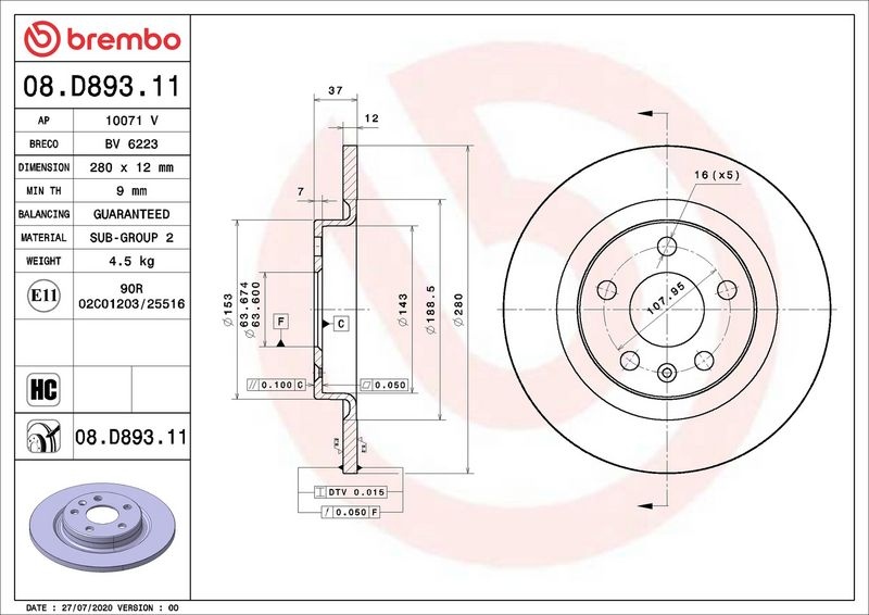 BREMBO Brake disc VOLVO,LYNK & CO 08.D893.11 8888221968,8889061590,8888221968 Brake rotor,Brake discs,Brake rotors 8888654392,8889061590,8890766532