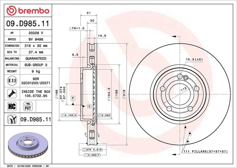 BREMBO Brake disc PRIME LINE - UV Coated internally vented 09.D985.11 Brake rotor,Brake discs MERCEDES-BENZ,A-Klasse (W177),B-Klasse (W247)