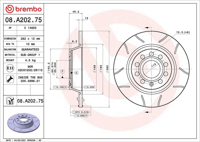 BREMBO Brake disc MAX LINE slotted 08.A202.75 Brake rotor,Brake discs VW,AUDI,SKODA,Golf V Schrägheck (1K1),Golf VII Schrägheck (5G1, BQ1, BE1, BE2)