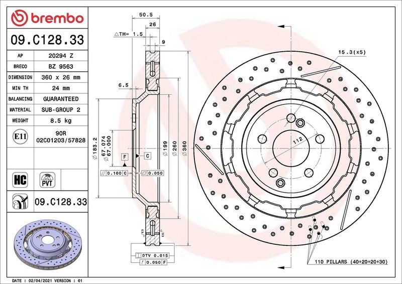 BREMBO Brake disc PRIME LINE - Dual Cast two-part brake disc 09.C128.33 Brake rotor,Brake discs MERCEDES-BENZ,C-Klasse T-modell (S205)