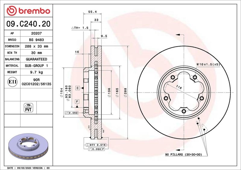 BREMBO Brake disc PRIME LINE internally vented 09.C240.20 Brake rotor,Brake discs FORD,Transit Mk7 Kastenwagen (V363, FCD, FDD)