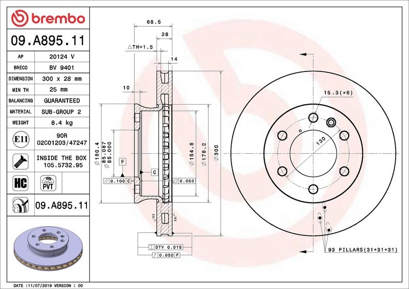 BREMBO Brake disc PRIME LINE - UV Coated internally vented 09.A895.11 Brake rotor,Brake discs MERCEDES-BENZ,Sprinter 3,5-T Kastenwagen (907, 910)