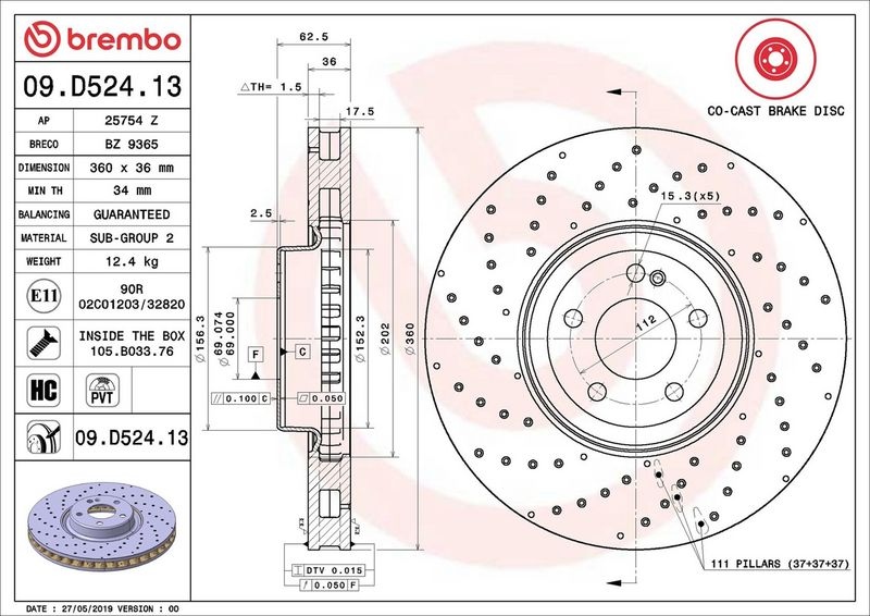 BREMBO Brake disc PRIME LINE - Co-Cast two-part brake disc 09.D524.13 Brake rotor,Brake discs MERCEDES-BENZ,C-Klasse T-modell (S205)