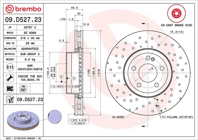BREMBO Brake disc PRIME LINE - Co-Cast two-part brake disc 09.D527.23 Brake rotor,Brake discs MERCEDES-BENZ,C-Klasse T-modell (S205)