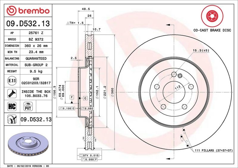 BREMBO Brake disc PRIME LINE - Co-Cast two-part brake disc 09.D532.13 Brake rotor,Brake discs MERCEDES-BENZ,E-Klasse Limousine (W213)