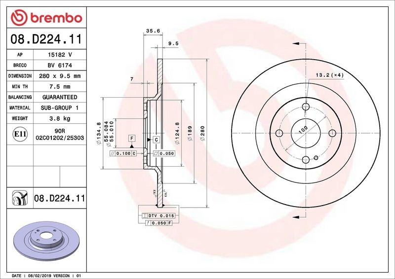 BREMBO Brake disc PRIME LINE - UV Coated solid 08.D224.11 Brake rotor,Brake discs MAZDA,MX-5 IV (ND),MX-5 RF Targa (ND)