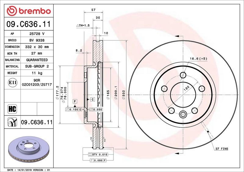 BREMBO Brake disc PRIME LINE - UV Coated internally vented 09.C636.11 Brake rotor,Brake discs VW,Amarok Pickup (2HA, 2HB, S1B, S6B, S7A, S7B)