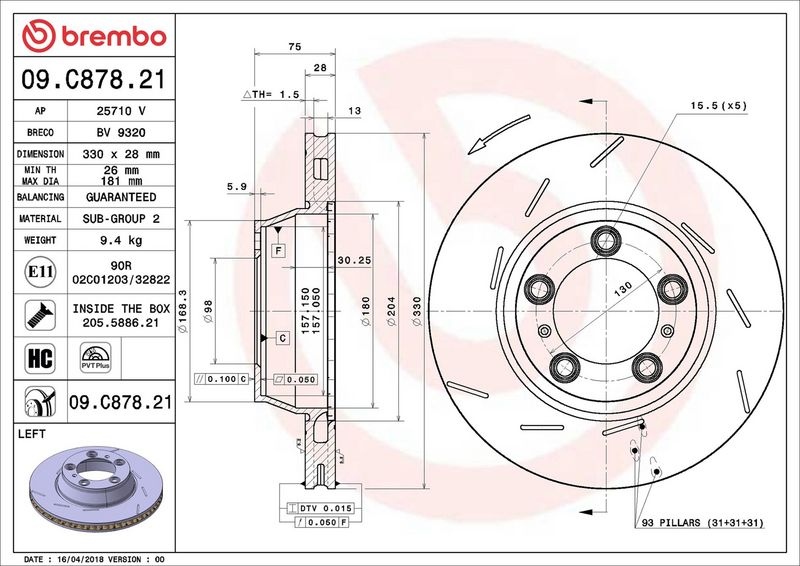 BREMBO Brake disc PRIME LINE - UV Coated slotted 09.C878.21 Brake rotor,Brake discs PORSCHE,PANAMERA,PANAMERA (971),Panamera Sport Turismo (971)
