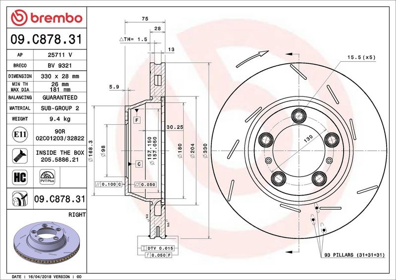 BREMBO Brake disc PRIME LINE - UV Coated slotted 09.C878.31 Brake rotor,Brake discs PORSCHE,PANAMERA,PANAMERA (971),Panamera Sport Turismo (971)