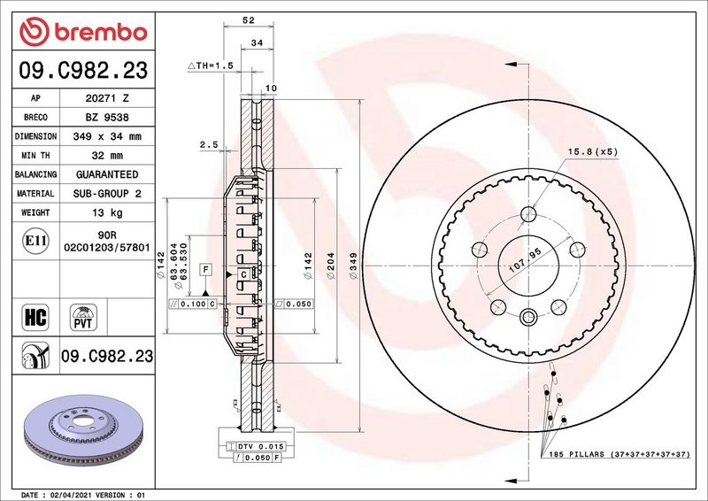 BREMBO Brake disc PRIME LINE - Lightweight two-part brake disc 09.C982.23 Brake rotor,Brake discs LAND ROVER,Discovery Sport (L550)