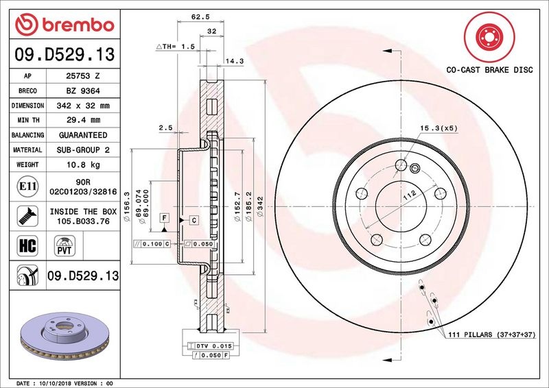BREMBO Brake disc PRIME LINE - Co-Cast two-part brake disc 09.D529.13 Brake rotor,Brake discs MERCEDES-BENZ,E-Klasse Limousine (W213)