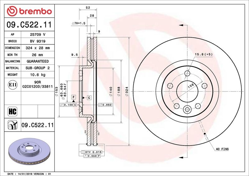 BREMBO Brake disc PRIME LINE - UV Coated internally vented 09.C522.11 Brake rotor,Brake discs VOLVO,XC60 (156)