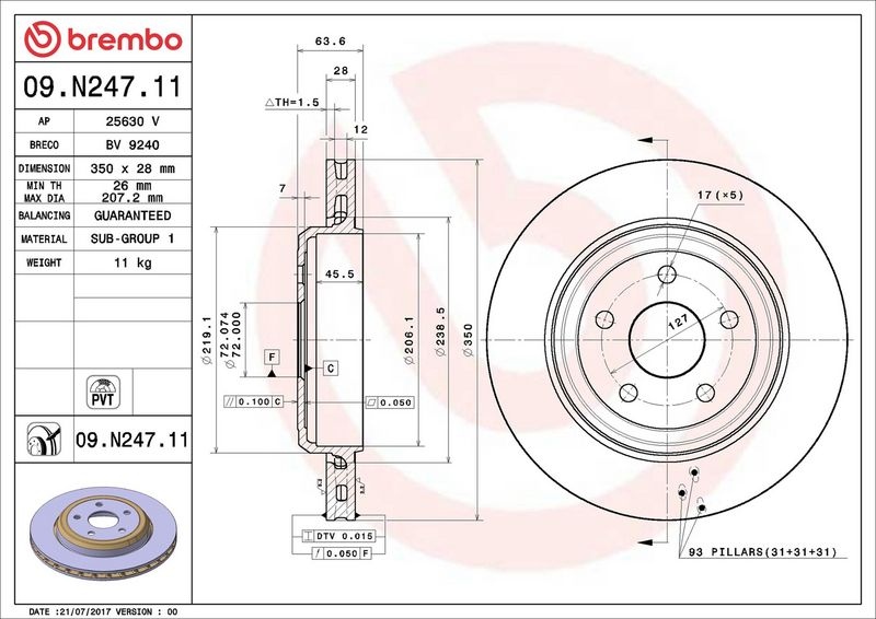 BREMBO Brake disc PRIME LINE - UV Coated internally vented 09.N247.11 Brake rotor,Brake discs JEEP,GRAND CHEROKEE IV (WK, WK2)