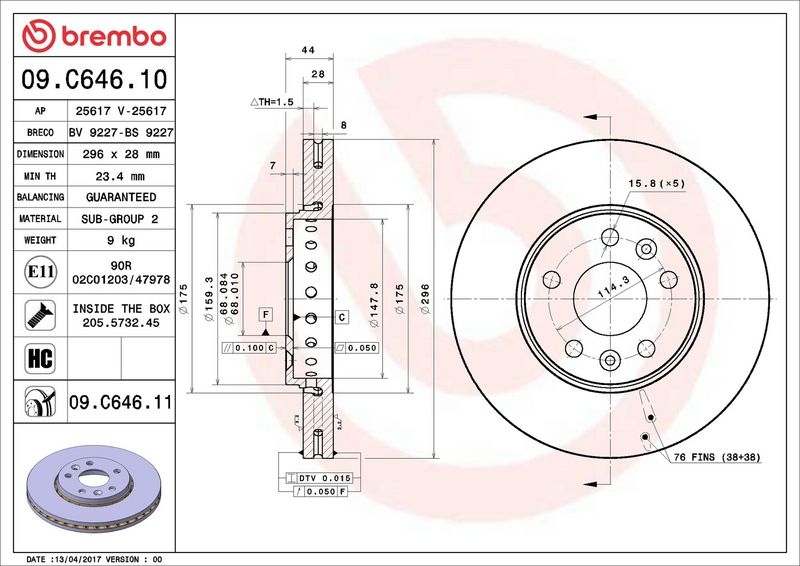 BREMBO Brake disc OPEL,RENAULT,FIAT 09.C646.11 6000619994,4020600Q1C,4422285 Brake rotor,Brake discs,Brake rotors 93866700,402066352R,8660003955