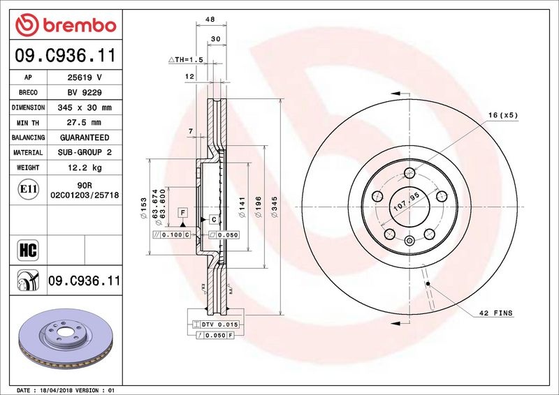 BREMBO Brake disc internally vented 09.C936.11 Brake rotor,Brake discs VOLVO,XC60 II (246),XC90 II (256),XC40 (536),V90 II Kombi (235, 236)