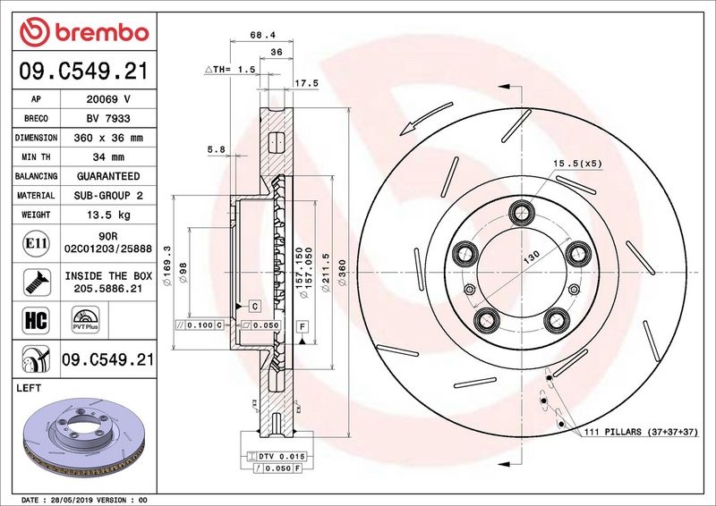 BREMBO Brake disc PORSCHE 09.C549.21 298615301B,97035140300,97035140301 Brake rotor,Brake discs,Brake rotors
