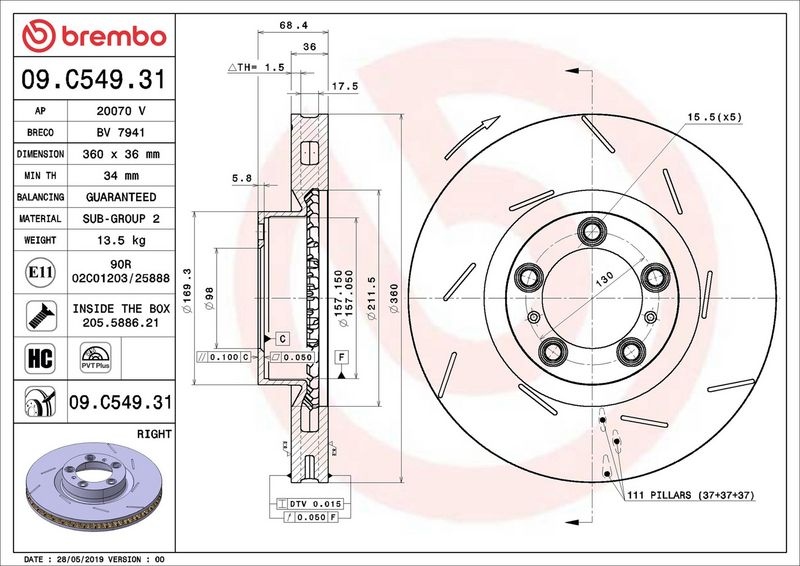 BREMBO Brake disc PORSCHE 09.C549.31 298615302B,97035140400,97035140401 Brake rotor,Brake discs,Brake rotors