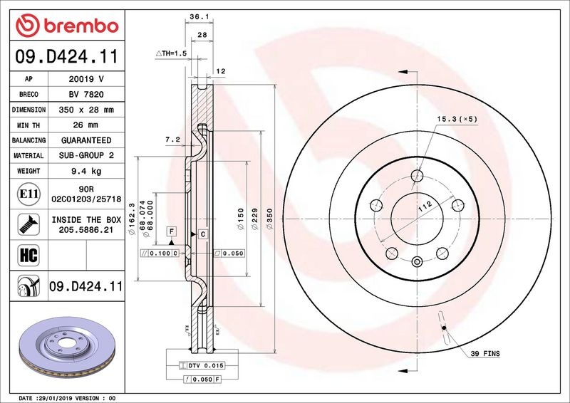 BREMBO Brake disc PRIME LINE - UV Coated internally vented 09.D424.11 Brake rotor,Brake discs VW,AUDI,HONDA,Touareg (CR7),Q7 (4MB),A6 Avant (4A5, C8)