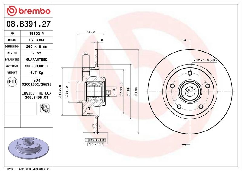 BREMBO Brake disc PRIME LINE - With Bearing Kit solid 08.B391.27 Brake rotor,Brake discs RENAULT,MEGANE III Grandtour (KZ0/1),Scénic III (JZ0/1_)