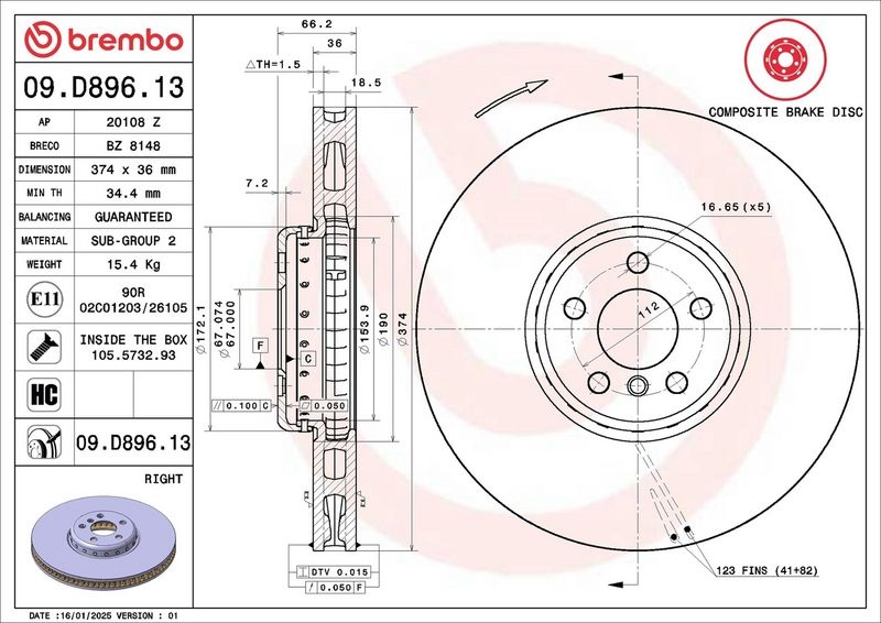 BREMBO Brake disc PRIME LINE - Composite two-part brake disc 09.D896.13 Brake rotor,Brake discs BMW,5 Touring (G31),5 Limousine (G30, F90)