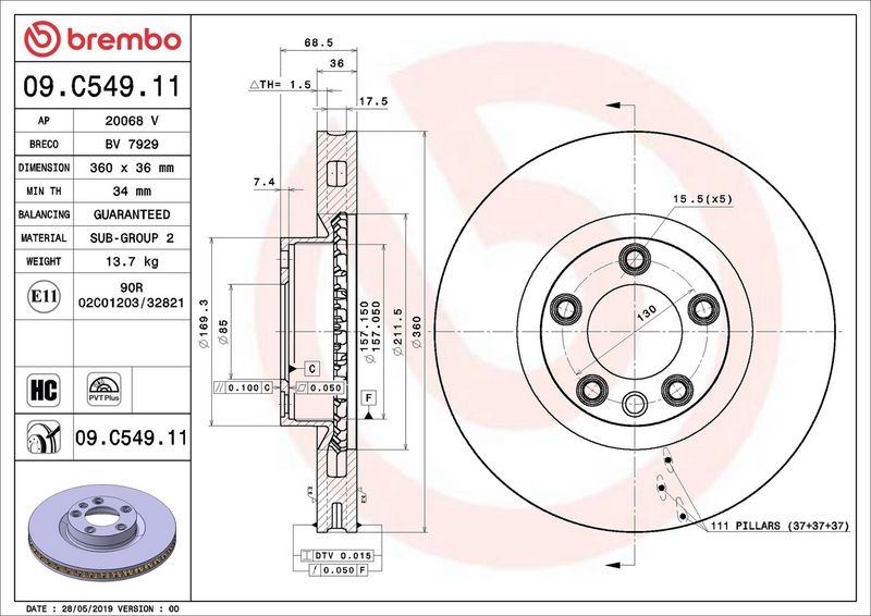BREMBO Brake disc VW,PORSCHE 09.C549.11 95835140300,95835140301,95835140400 Brake rotor,Brake discs,Brake rotors 95835140401,7P6615301,7P6615301A